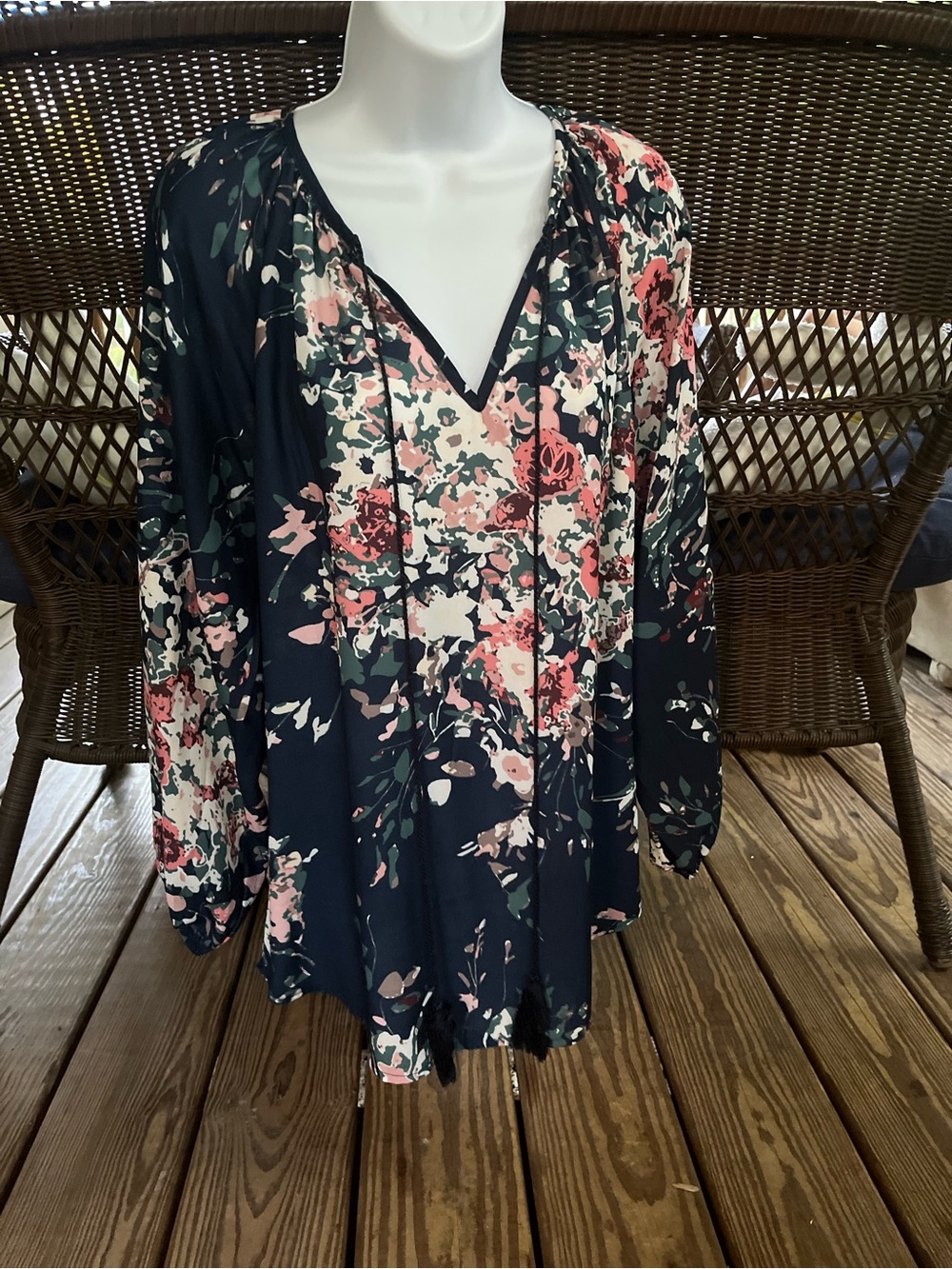 Navy Floral V-Neck Peasant Blouse